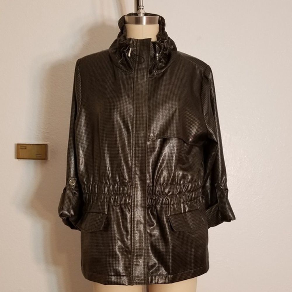 Green Plaid Zip Up Shiny Coat Size L
